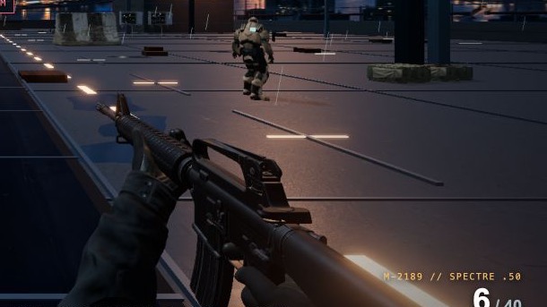 ปืน FPS ที่หันลำกล้องไปข้างหน้าพร้อมกระสุนใน HUD